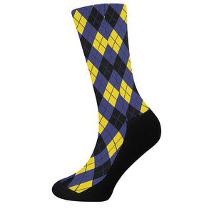 Blue Black And Yellow Argyle Print Crew Socks