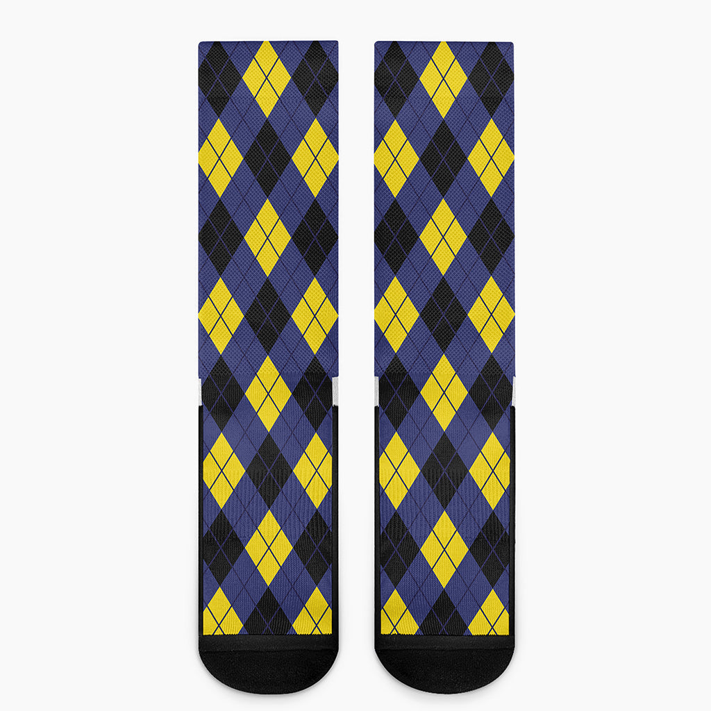 Blue Black And Yellow Argyle Print Crew Socks