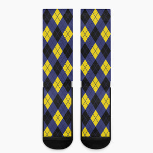 Blue Black And Yellow Argyle Print Crew Socks