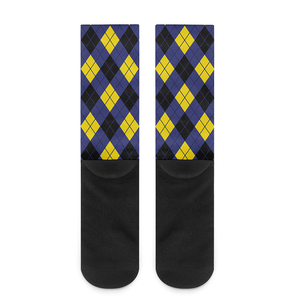 Blue Black And Yellow Argyle Print Crew Socks