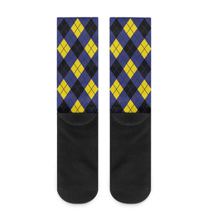 Blue Black And Yellow Argyle Print Crew Socks