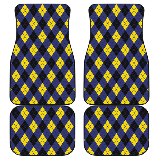 Blue Black And Yellow Argyle Print Front and Back Car Floor Mats