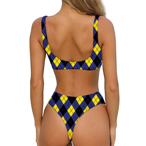Blue Black And Yellow Argyle Print Front Bow Tie Bikini