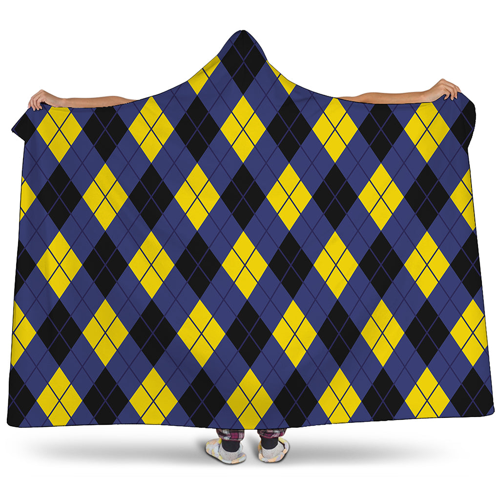 Blue Black And Yellow Argyle Print Hooded Blanket