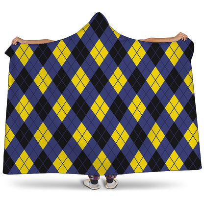 Blue Black And Yellow Argyle Print Hooded Blanket