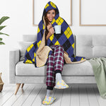 Blue Black And Yellow Argyle Print Hooded Blanket