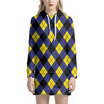 Blue Black And Yellow Argyle Print Hoodie Dress