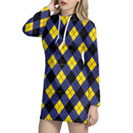 Blue Black And Yellow Argyle Print Hoodie Dress