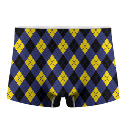 Blue Black And Yellow Argyle Print Men's Boxer Briefs