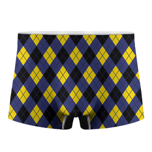 Blue Black And Yellow Argyle Print Men's Boxer Briefs