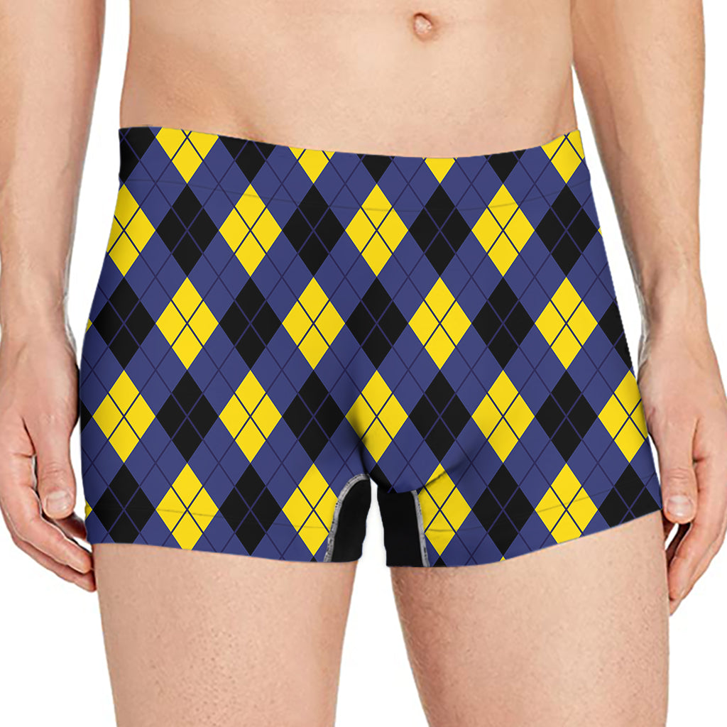 Blue Black And Yellow Argyle Print Men's Boxer Briefs