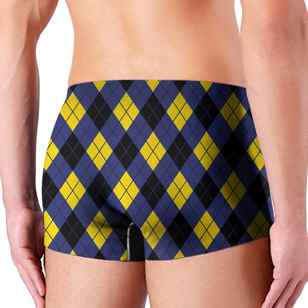 Blue Black And Yellow Argyle Print Men's Boxer Briefs