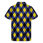 Blue Black And Yellow Argyle Print Men's Short Sleeve Shirt