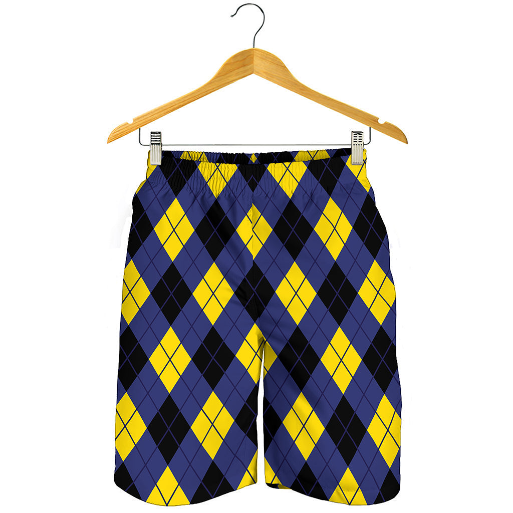 Blue Black And Yellow Argyle Print Men's Shorts