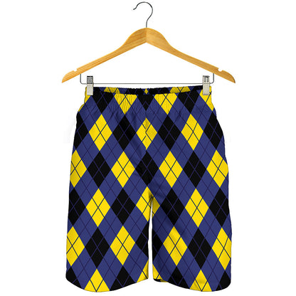 Blue Black And Yellow Argyle Print Men's Shorts