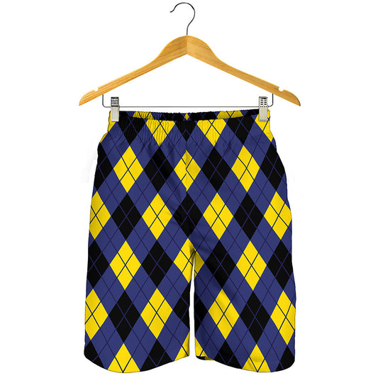 Blue Black And Yellow Argyle Print Men's Shorts