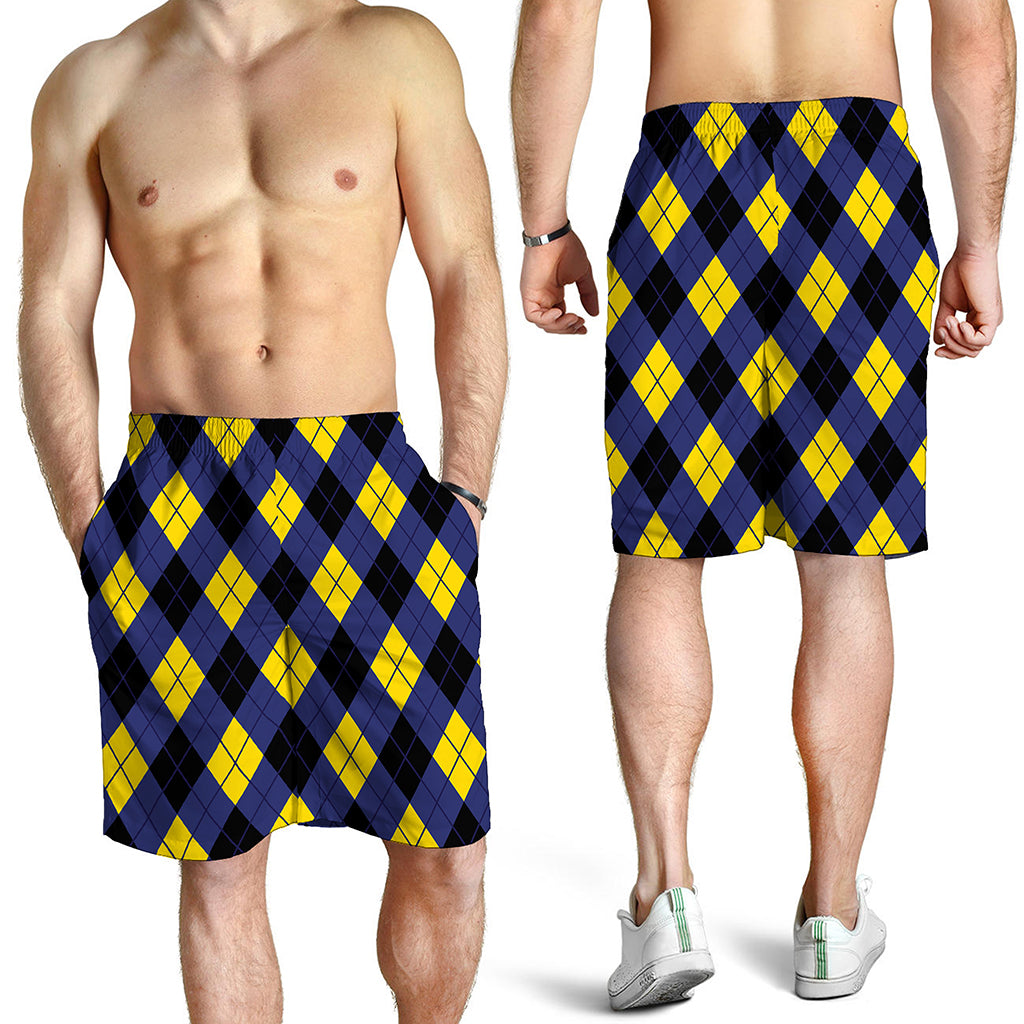 Blue Black And Yellow Argyle Print Men's Shorts