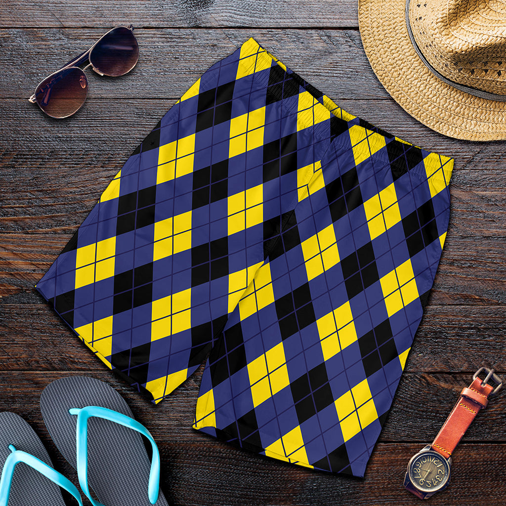 Blue Black And Yellow Argyle Print Men's Shorts