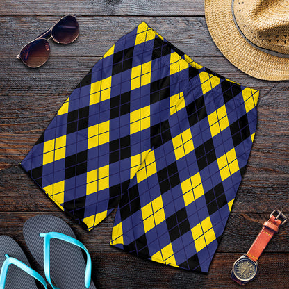 Blue Black And Yellow Argyle Print Men's Shorts