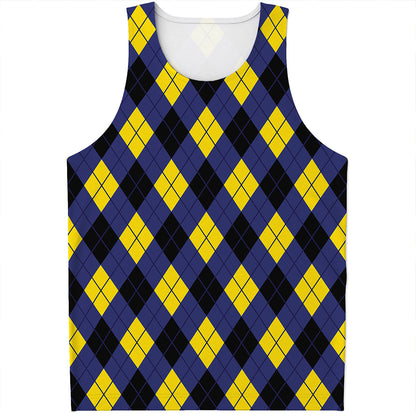 Blue Black And Yellow Argyle Print Men's Tank Top