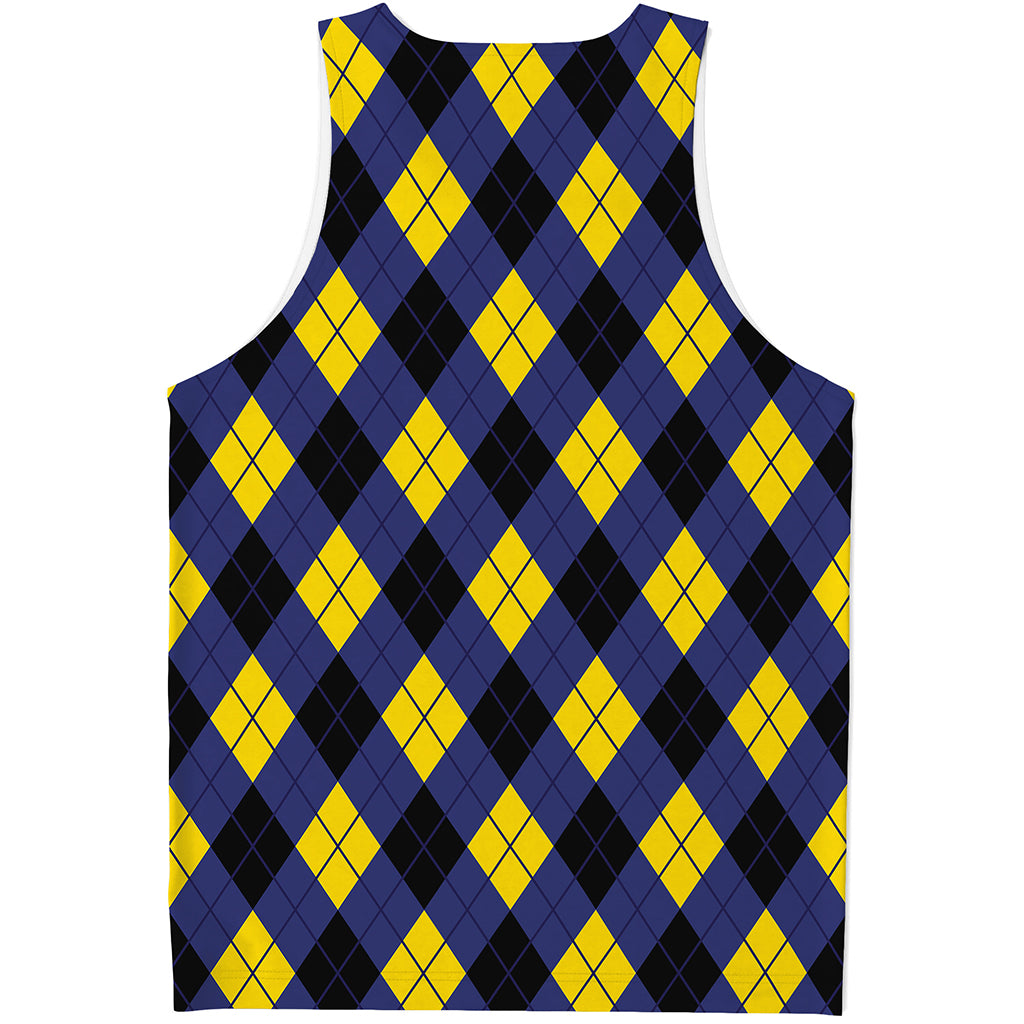 Blue Black And Yellow Argyle Print Men's Tank Top