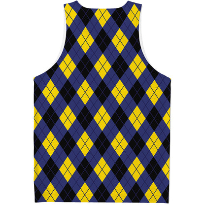 Blue Black And Yellow Argyle Print Men's Tank Top