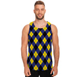 Blue Black And Yellow Argyle Print Men's Tank Top