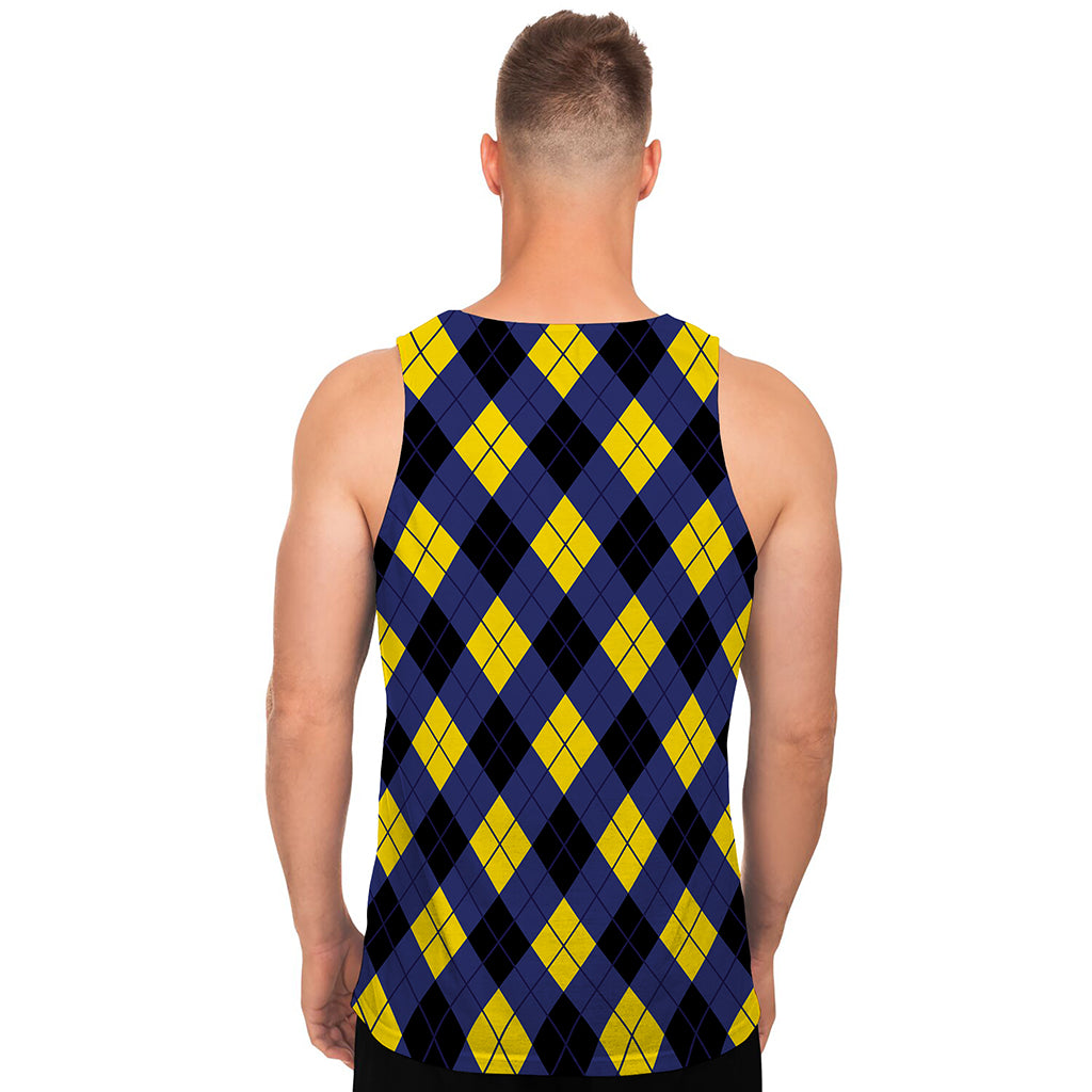 Blue Black And Yellow Argyle Print Men's Tank Top