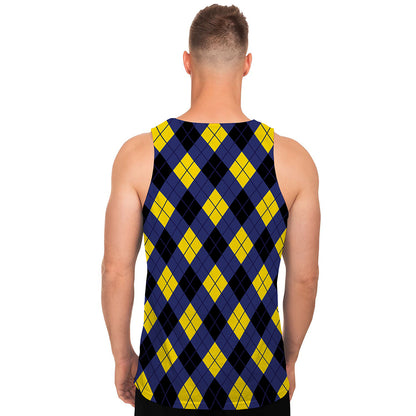 Blue Black And Yellow Argyle Print Men's Tank Top