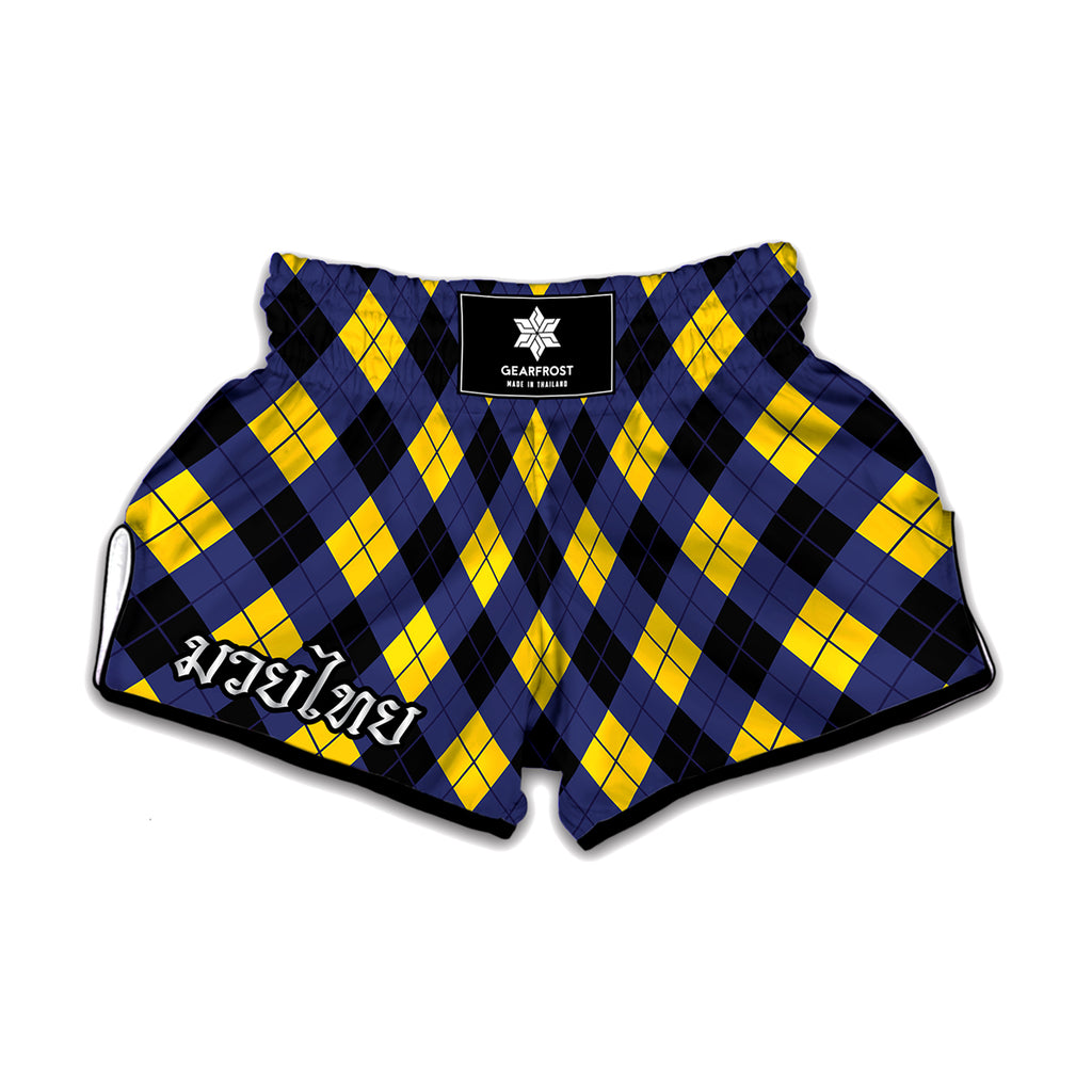 Blue Black And Yellow Argyle Print Muay Thai Boxing Shorts