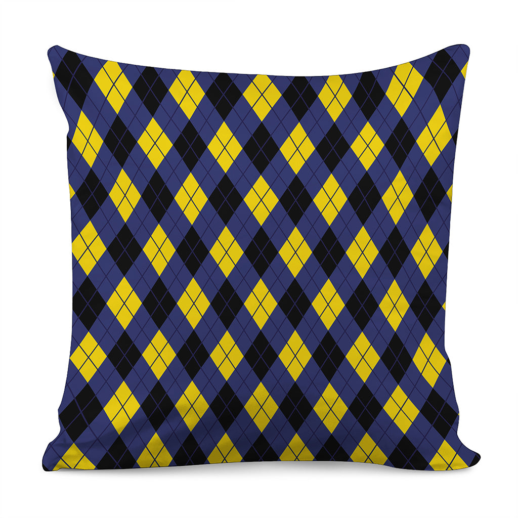 Blue Black And Yellow Argyle Print Pillow Cover