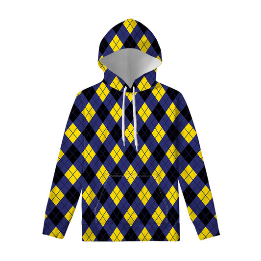 Blue Black And Yellow Argyle Print Pullover Hoodie