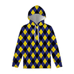 Blue Black And Yellow Argyle Print Pullover Hoodie