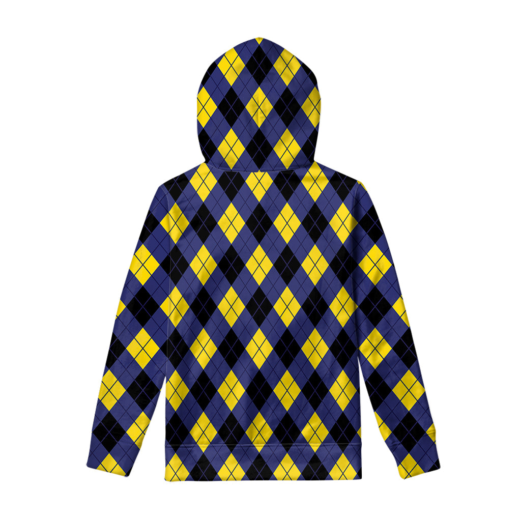Blue Black And Yellow Argyle Print Pullover Hoodie