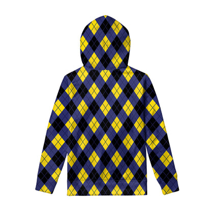 Blue Black And Yellow Argyle Print Pullover Hoodie