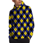 Blue Black And Yellow Argyle Print Pullover Hoodie