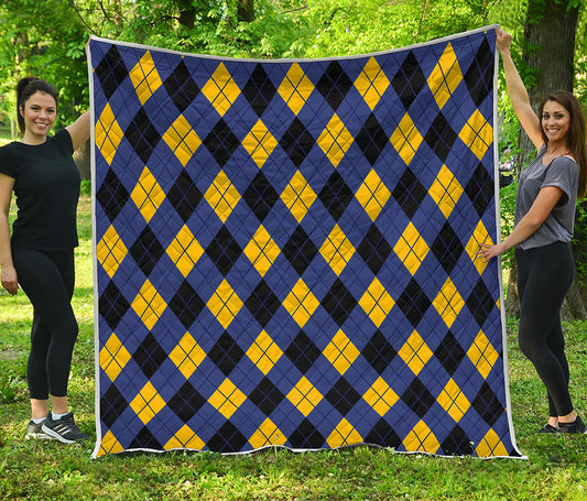 Blue Black And Yellow Argyle Print Quilt