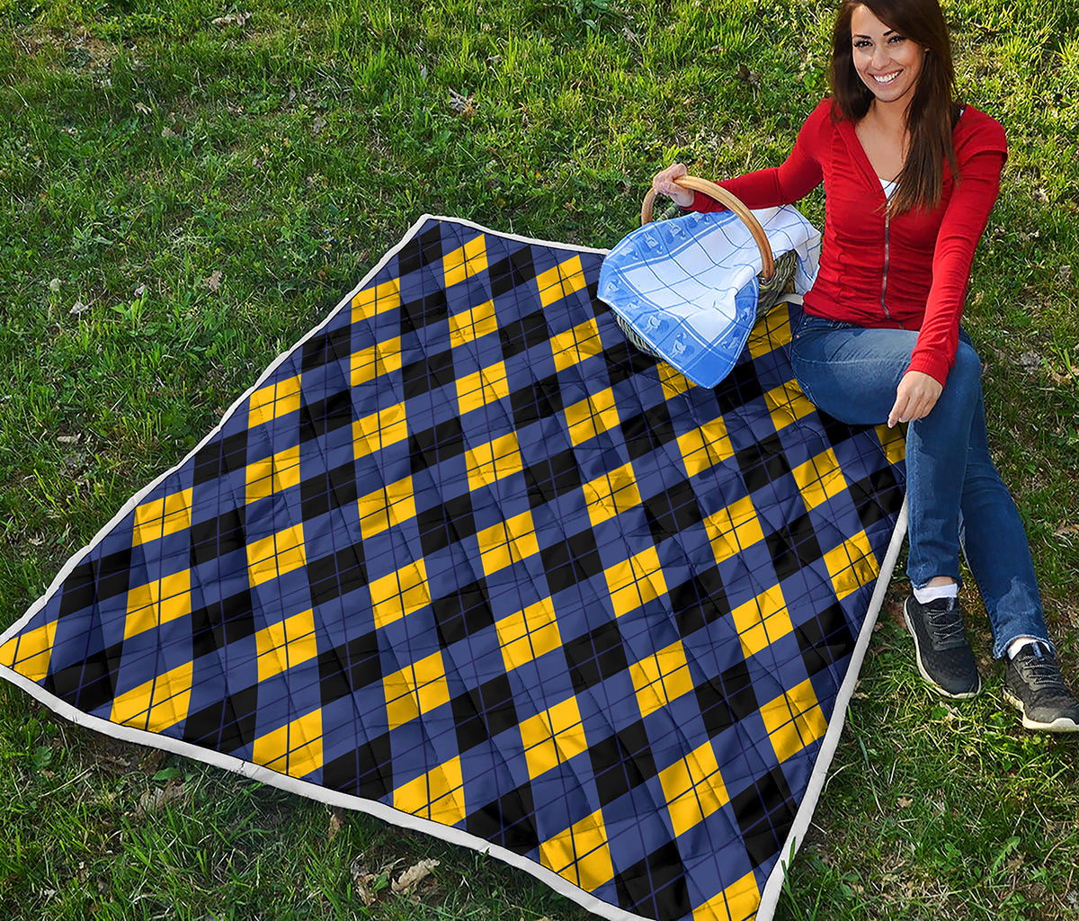 Blue Black And Yellow Argyle Print Quilt