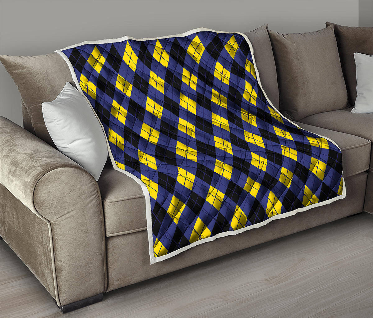 Blue Black And Yellow Argyle Print Quilt