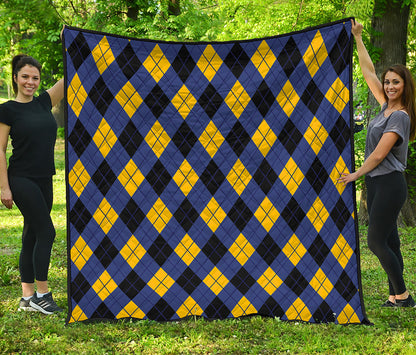 Blue Black And Yellow Argyle Print Quilt