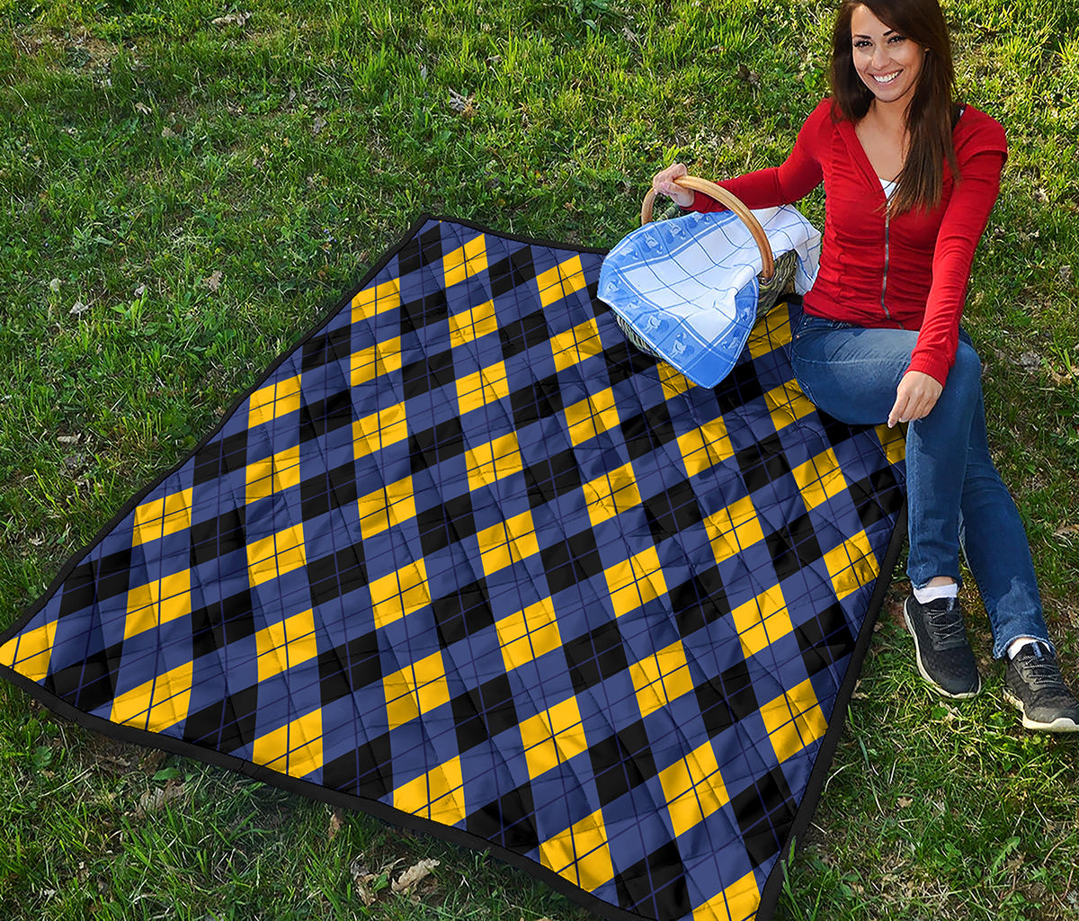 Blue Black And Yellow Argyle Print Quilt