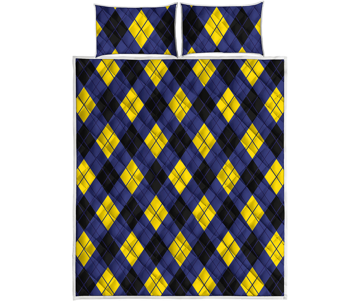 Blue Black And Yellow Argyle Print Quilt Bed Set