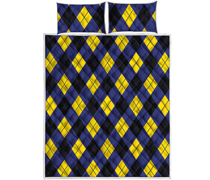 Blue Black And Yellow Argyle Print Quilt Bed Set