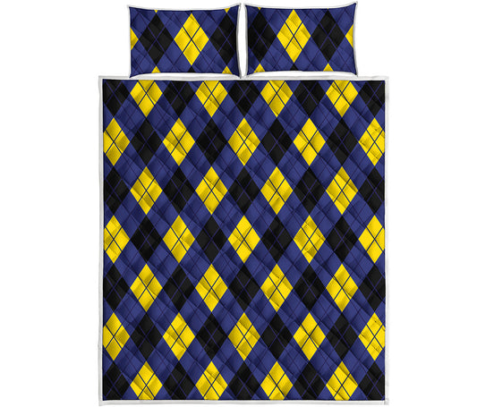 Blue Black And Yellow Argyle Print Quilt Bed Set