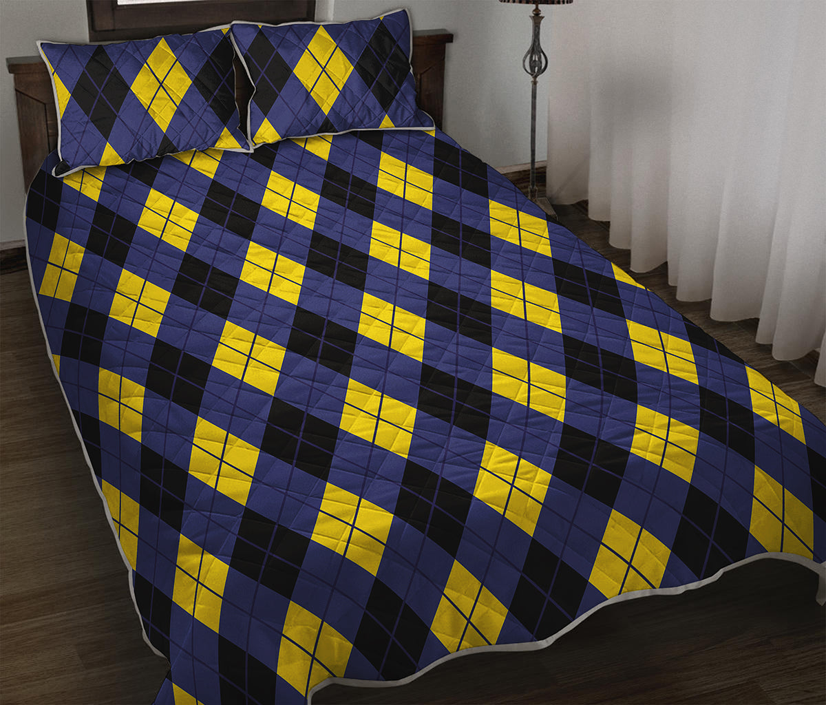 Blue Black And Yellow Argyle Print Quilt Bed Set