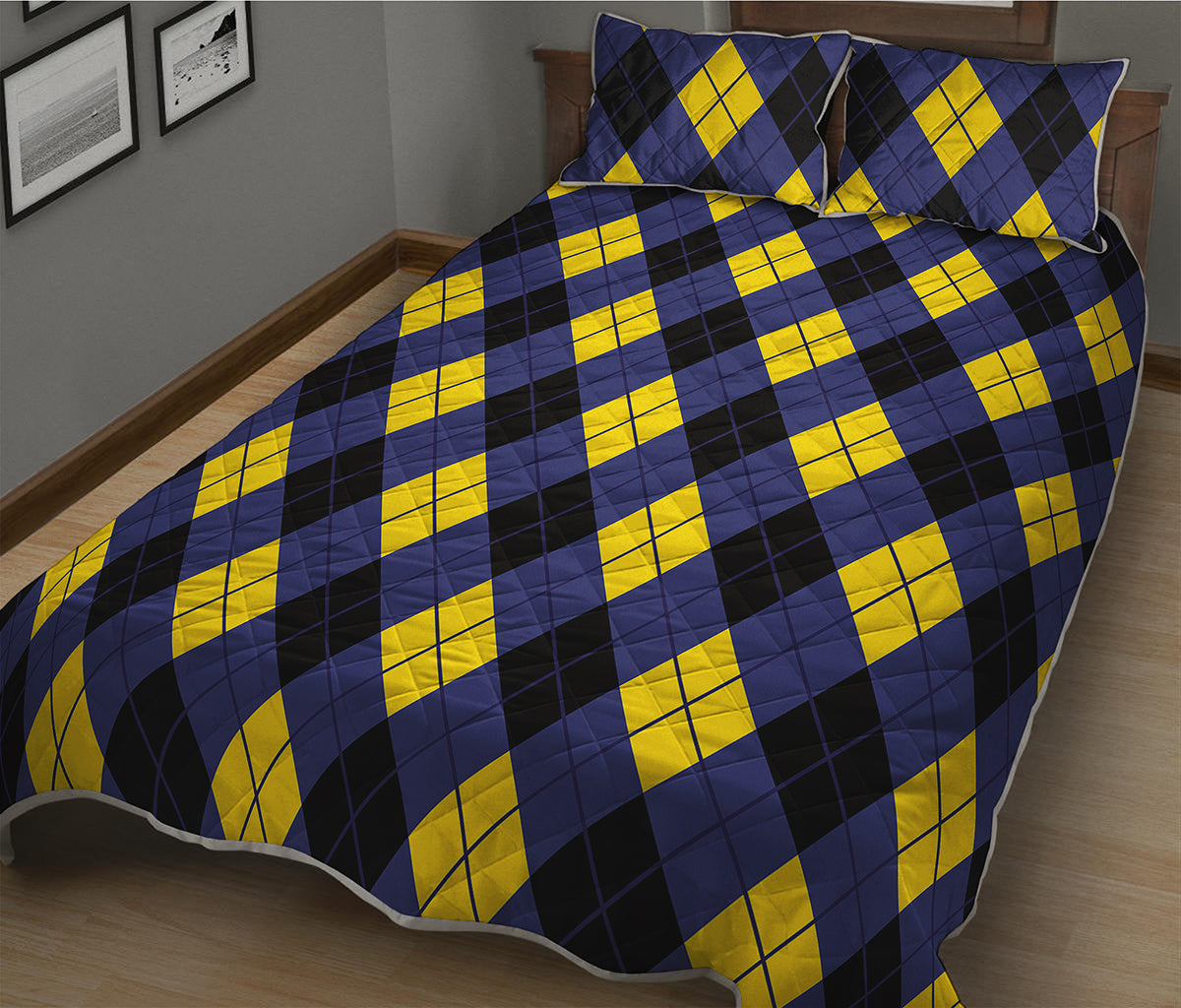 Blue Black And Yellow Argyle Print Quilt Bed Set