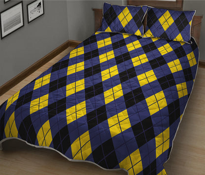 Blue Black And Yellow Argyle Print Quilt Bed Set
