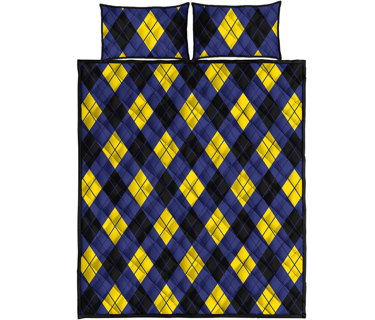 Blue Black And Yellow Argyle Print Quilt Bed Set