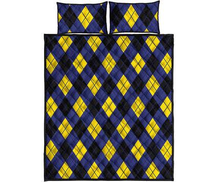 Blue Black And Yellow Argyle Print Quilt Bed Set