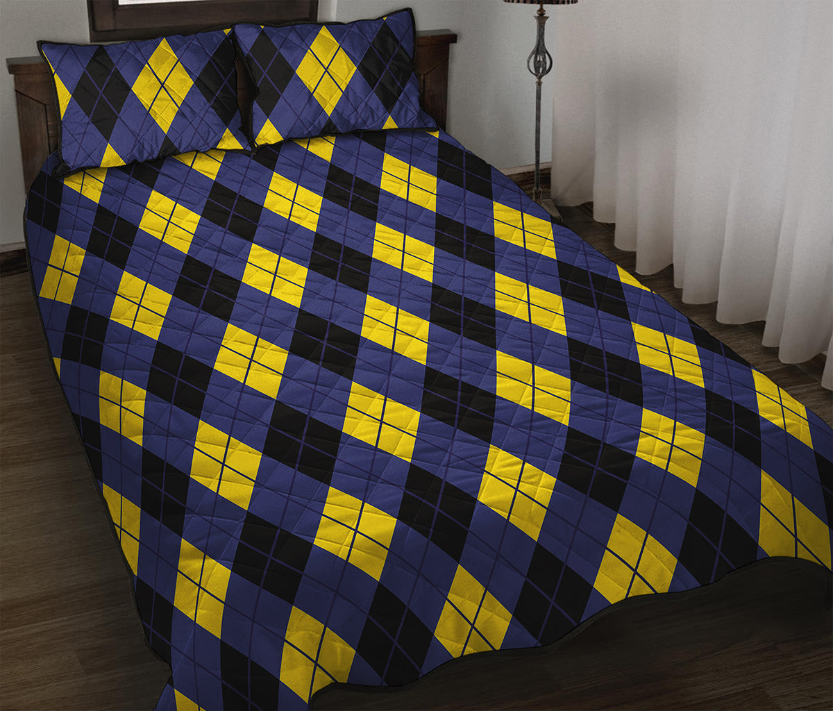 Blue Black And Yellow Argyle Print Quilt Bed Set